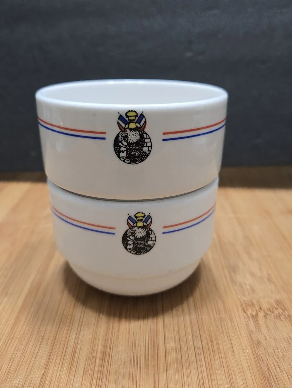 (2) La Madeleine French Cafe stacking custard cups or tea bowls Bon Appetit
